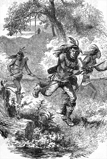 “Flight of the Indians After the Massacre”, Book Illustration from “Indian Horrors or Massacres of the Red Men”, by Henry Davenport Northrop, 1891