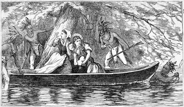 “Capture of the Boone and Galloway Girls”, Kentucky, 14 July 1776, Jemima Boone, Elizabeth Callaway, Frances Gallaway, Book Illustration from “Indian Horrors or Massacres of the Red Men”, by Henry Davenport Northrop, 1891