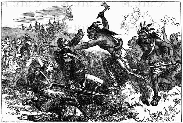 “Destruction of the Garrison at Wyoming”, Wyoming Valley, Pennsylvania, Battle between American Patriots and Loyalists Accompanied by Iroquois during American Revolutionary War, 1778, Book Illustration from “Indian Horrors or Massacres of the Red Men”, by Henry Davenport Northrop, 1891