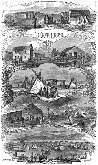 “Seven Views in Denver Colorado 1859”, Book Illustration from “Beyond the Mississippi”, by Albert D. Richardson, 1867