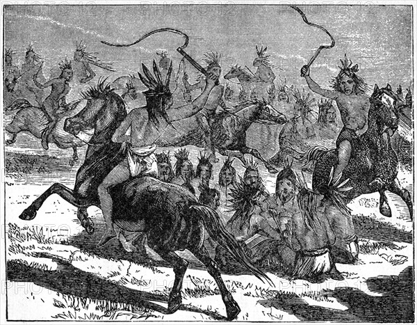 “Comanches ‘Smoking Horses’”, Sac and Fox Village, 1835, after Sketch by George Catlin, Book Illustration from “Indian Horrors or Massacres of the Red Men”, by Henry Davenport Northrop, 1891
