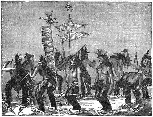 “Snow-Shoe Dance of the Apache” after lithograph by George Catlin, 1844-45, Book Illustration from “Indian Horrors or Massacres of the Red Men”, by Henry Davenport Northrop, 1891