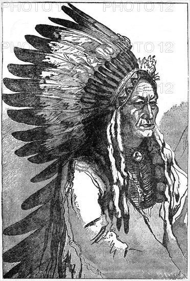 Sitting Bull (1831-1890), Hunkpapa Lakota Chief, War-Dress, Book Illustration from “Indian Horrors or Massacres of the Red Men”, by Henry Davenport Northrop, 1891