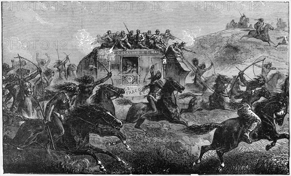 “Attack Upon a United States Mail Coach”, Book Illustration from “Indian Horrors or Massacres of the Red Men”, by Henry Davenport Northrop, 1891