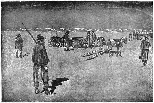 “Band of Hostiles on the Way to Pine Ridge Agency”, established 1889, Book Illustration from “Indian Horrors or Massacres of the Red Men”, by Henry Davenport Northrop, 1891