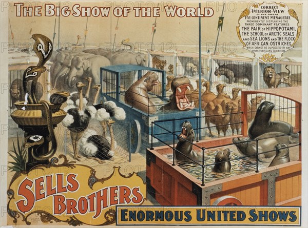 Sells Brothers' Enormous United Shows, The Great Five Continent Menagerie, Circus Poster, circa 1880's