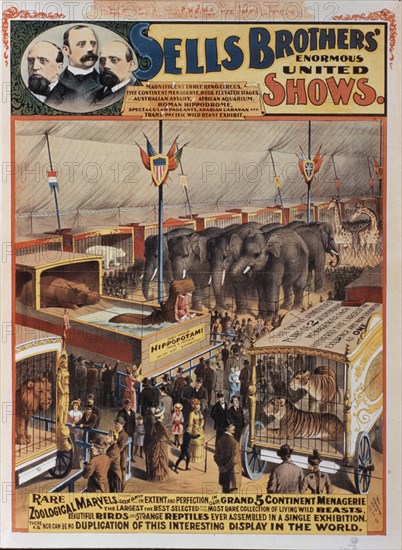 Sells Brothers' Enormous United Shows, Rare Zoological Marvels, Circus Poster, circa 1880's