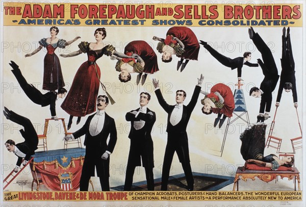 The Adam Forepaugh and Sells Brothers America's Greatest Shows Consolidated, The Great Livingstone, Davene and De Mora Troupe of Champion Acrobats, Posturers and Hand Balancers, Circus Poster, circa 1900