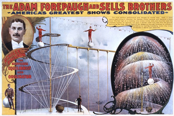 Adam Forepaugh and Sells Brothers America's Greatest Shows Consolidated, Achille Philion, the Marvelous Equilibrist and Originator, Circus Poster, circa 1899