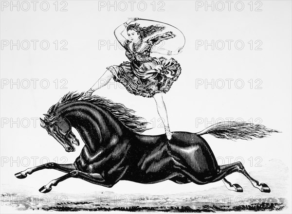 Woman Riding Bareback on Horse, Circus Performance, Woodcut, 19th Century