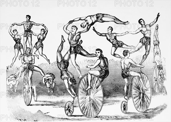 Circus Acrobats and High-Wheel Bicycle Riders, Woodcut, 19th Century