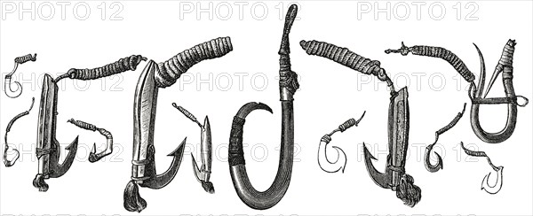 Fish Hooks Made from Shells and Bones, Polynesia, Illustration, 1885