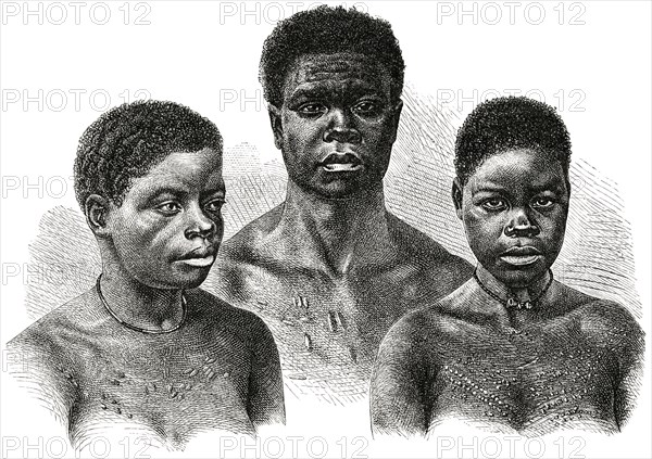 Portrait of Man and Two Women from Loango Coast, Africa, Illustration, 1885