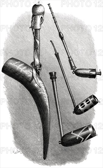 Three Tobacco Pipes (right) and Dacha Pipe, Africa, Illustration, 1885