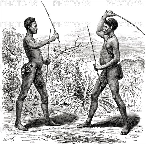 Two Zulu Men in Fencing Game, Africa, Illustration, 1885