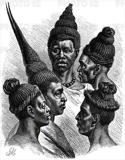 Hair fashions of the Maschukulumbe, Southern Africa, Illustration, 1885