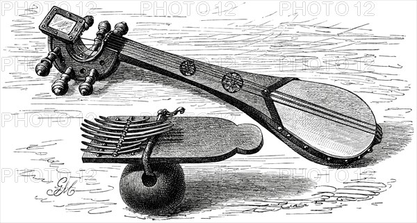 Guitar and Wooden Thumb Piano of Wayao Tribe, Southern Africa, Illustration, 1885