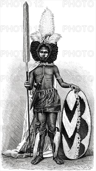 Massai Warrior in Full Regalia, Africa, Illustration, 1885