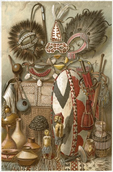 Assortment of East African Weapons and Equipment, Africa, Illustration, 1885
