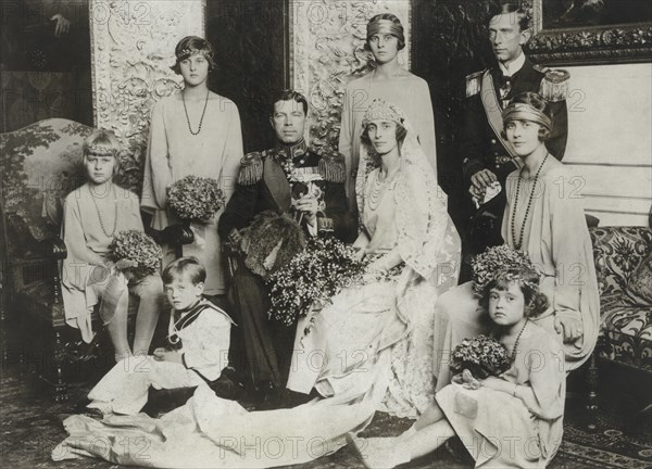 Wedding Portrait of Crown Prince Gustaf Adolf of Sweden and Lady Louise Mountbatten, the new Crown Princess of Sweden, with Attendants, London, England, UK, 1923