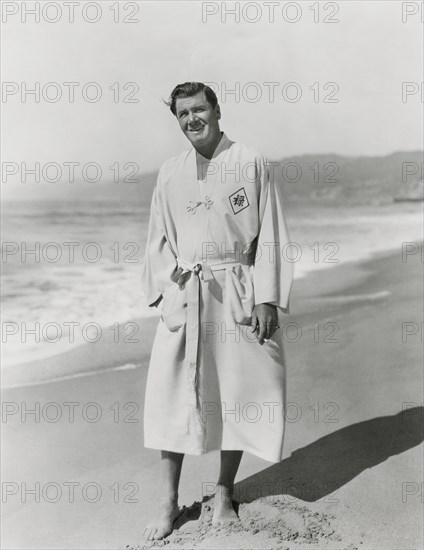 Actor George Bancroft, Portrait in Closed Robe at Beach, Santa Monica, California, USA, 1930's
