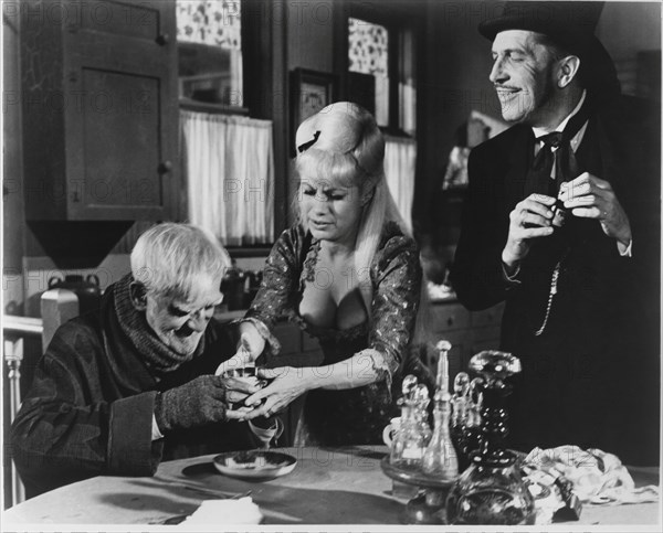 Boris Karloff, Joyce Jameson, Vincent Price, on-set of the Film, "The Comedy of Terrors", 1963