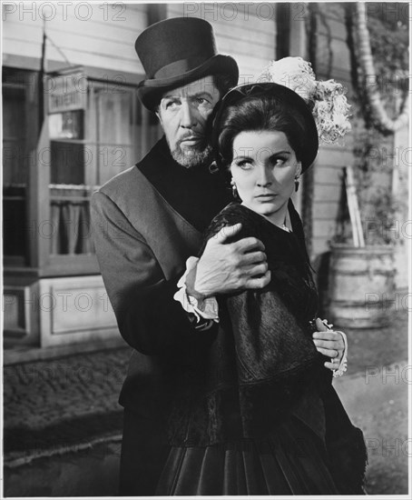 Vincent Price, Debra Paget, on-set of the Film, "The Haunted Palace", 1963