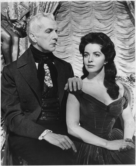 Vincent Price, Myrna Fahey, on-set of the Film, "House of Usher", 1960