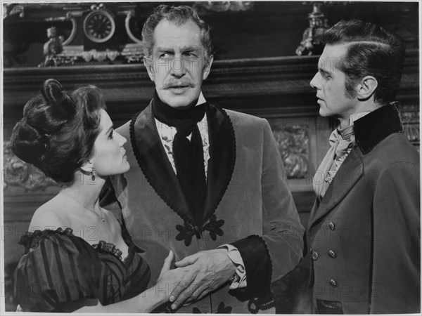 Debra Paget, Vincent Price, David Frankham, on-set of the Film, "Tales of Terror", 1962