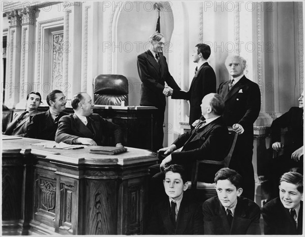 Harry Carey, James Stewart, Claude Rains, on-set of the Film,“Mr. Smith Goes to Washington”, 1939