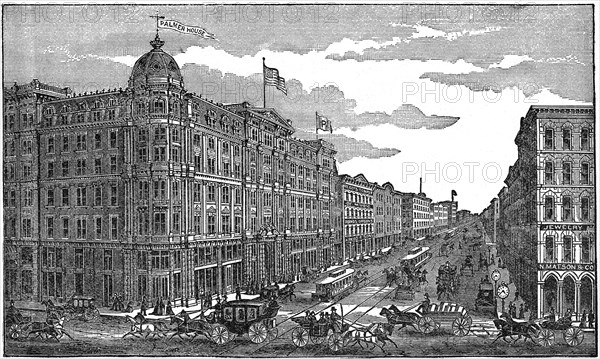 Street Scene and Palmer House, Chicago, Illinois, USA, Standard Publishing Company, Illustration, 1888
