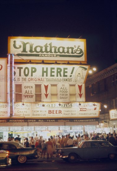 Nathan's Famous Hot Dogs, Street Scene at Night, Coney Island, New York, USA, August 1961