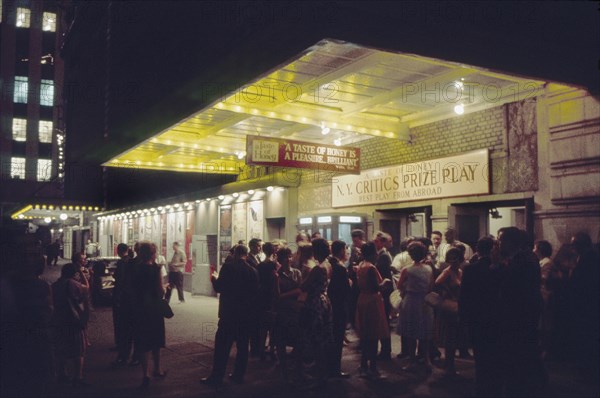 Crowd Outside Booth Theater at Night, New York City, New York, USA, July 1961