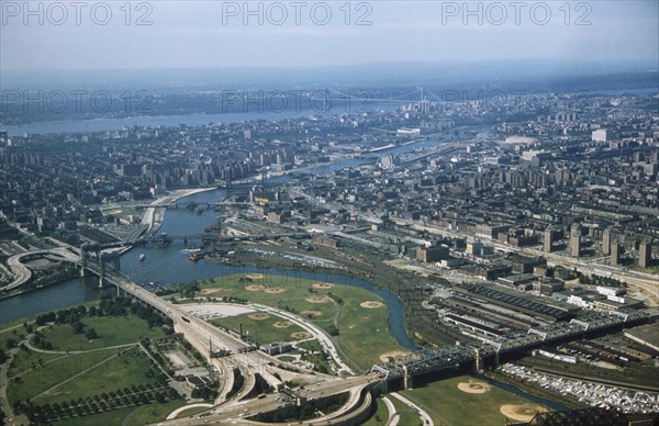 High Angle View of Queens, Bronx and Manhattan, East River and Hudson River, New York City, New York, USA, August 1959