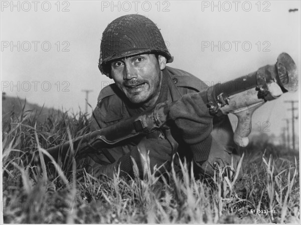 Jack Palance, on-set of the Film, "Attack!", United Artists, 1956