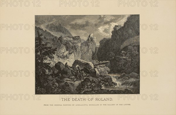 The Death of Roland, Woodcut Engraving from the Original Painting by Achille Etna Michallon, The Masterpieces of French Art by Louis Viardot, Published by Gravure Goupil et Cie, Paris, 1882, Gebbie & Co., Philadelphia, 1883