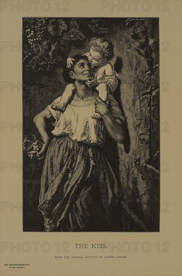The Kiss, Woodcut Engraving from the Original Painting by Alfred Loulet, The Masterpieces of French Art by Louis Viardot, Published by Gravure Goupil et Cie, Paris, 1882, Gebbie & Co., Philadelphia, 1883