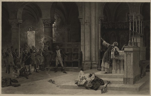 Episode in the Siege of Saragossa, Peninsular War, 1808-09, French Soldiers enter Church 1809, Photogravure Print from the Original 1881 Painting by Jules Girardet, The Masterpieces of French Art by Louis Viardot, Published by Gravure Goupil et Cie, Paris, 1882, Gebbie & Co., Philadelphia, 1883