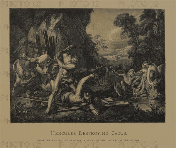 Hercules Destroying Cacus, Woodcut Engraving from the Original 1718 Painting by Francois Le Moine, The Masterpieces of French Art by Louis Viardot, Published by Gravure Goupil et Cie, Paris, 1882, Gebbie & Co., Philadelphia, 1883