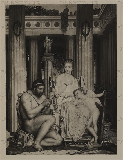 Hercules and Omphale (Greek Mythology), Photogravure Print from the Original 1862 Painting by Marc Charles Gabriel Gleyre, The Masterpieces of French Art by Louis Viardot, Published by Gravure Goupil et Cie, Paris, 1882, Gebbie & Co., Philadelphia, 1883