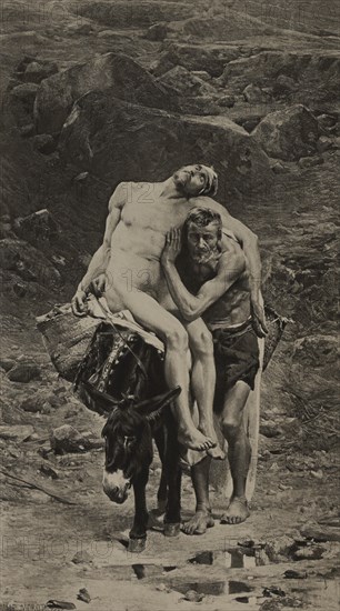The Good Samaritan, Photogravure Print from the Original 1880 Painting by Aime-Nicolas Morot, The Masterpieces of French Art by Louis Viardot, Published by Gravure Goupil et Cie, Paris, 1882, Gebbie & Co., Philadelphia, 1883