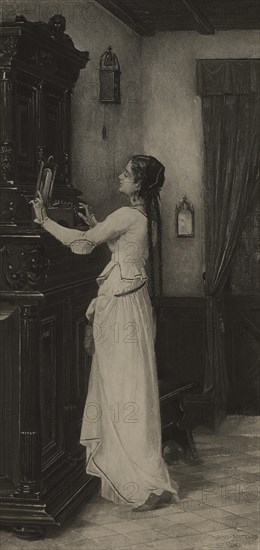 Marguerite Tempted, Photogravure Print from the Original Painting by James Bertrand, The Masterpieces of French Art by Louis Viardot, Published by Gravure Goupil et Cie, Paris, 1882, Gebbie & Co., Philadelphia, 1883