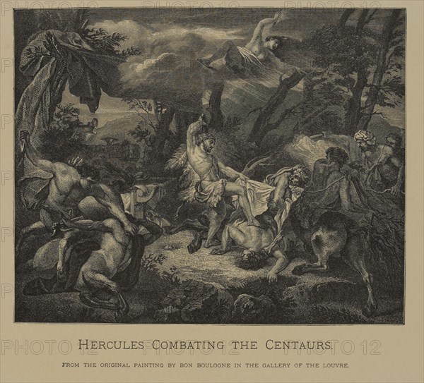 Hercules Combating the Centaurs, Woodcut Engraving from the Original Painting by Bon Boullogne, The Masterpieces of French Art by Louis Viardot, Published by Gravure Goupil et Cie, Paris, 1882, Gebbie & Co., Philadelphia, 1883