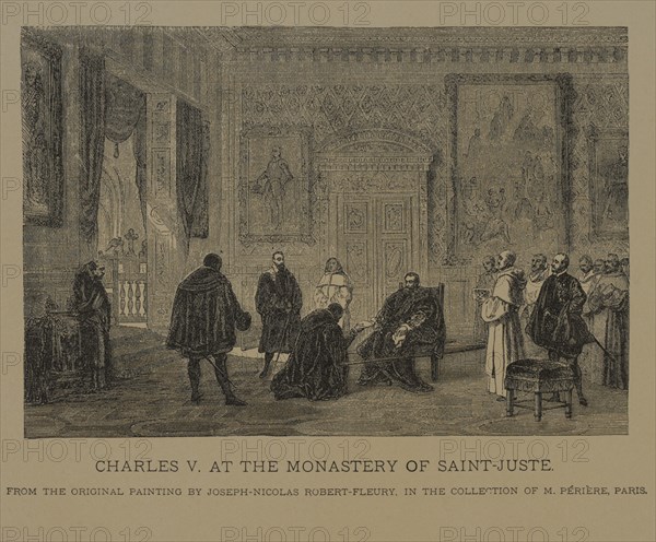 Charles V at the Monastery of Saint-Juste, Woodcut Engraving from the Original 1856 Painting by Joseph-Nicolas Robert-Fleury, The Masterpieces of French Art by Louis Viardot, Published by Gravure Goupil et Cie, Paris, 1882, Gebbie & Co., Philadelphia, 1883