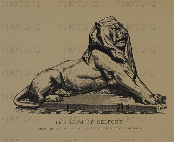 The lion of Belfort, Woodcut Engraving from the Original 1880 Sculpture by Frédéric Auguste Bartholdi, The Masterpieces of French Art by Louis Viardot, Published by Gravure Goupil et Cie, Paris, 1882, Gebbie & Co., Philadelphia, 1883