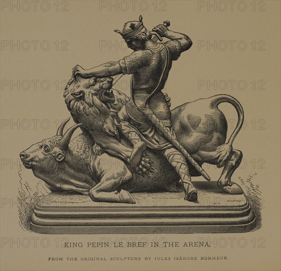 King Pepin Le Bref in the Arena, Woodcut Engraving from the Original Sculpture by Isidore Jules Bonheur The Masterpieces of French Art by Louis Viardot, Published by Gravure Goupil et Cie, Paris, 1882, Gebbie & Co., Philadelphia, 1883