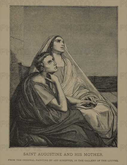 Saint Augustine and his Mother, Woodcut Engraving from the Original Painting by Ary Scheffer, The Masterpieces of French Art by Louis Viardot, Published by Gravure Goupil et Cie, Paris, 1882, Gebbie & Co., Philadelphia, 1883