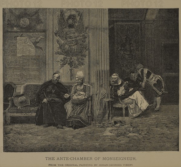 The Ante-Chamber of Monseigneur, Woodcut Engraving from the Original Painting by Jehan-Georges Vibert, The Masterpieces of French Art by Louis Viardot, Published by Gravure Goupil et Cie, Paris, 1882, Gebbie & Co., Philadelphia, 1883