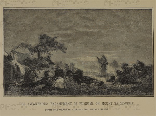 The Awakening: Encampment of Pilgrims on Mount Saint-Odile, Woodcut Engraving from the Original Painting by Gustave Brion, The Masterpieces of French Art by Louis Viardot, Published by Gravure Goupil et Cie, Paris, 1882, Gebbie & Co., Philadelphia, 1883