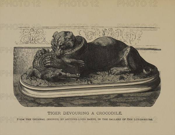 Tiger Devouring a Crocodile, Woodcut Engraving of the Original 1831 Bronze Sculpture by Antoine-Louis Barye, The Masterpieces of French Art by Louis Viardot, Published by Gravure Goupil et Cie, Paris, 1882, Gebbie & Co., Philadelphia, 1883